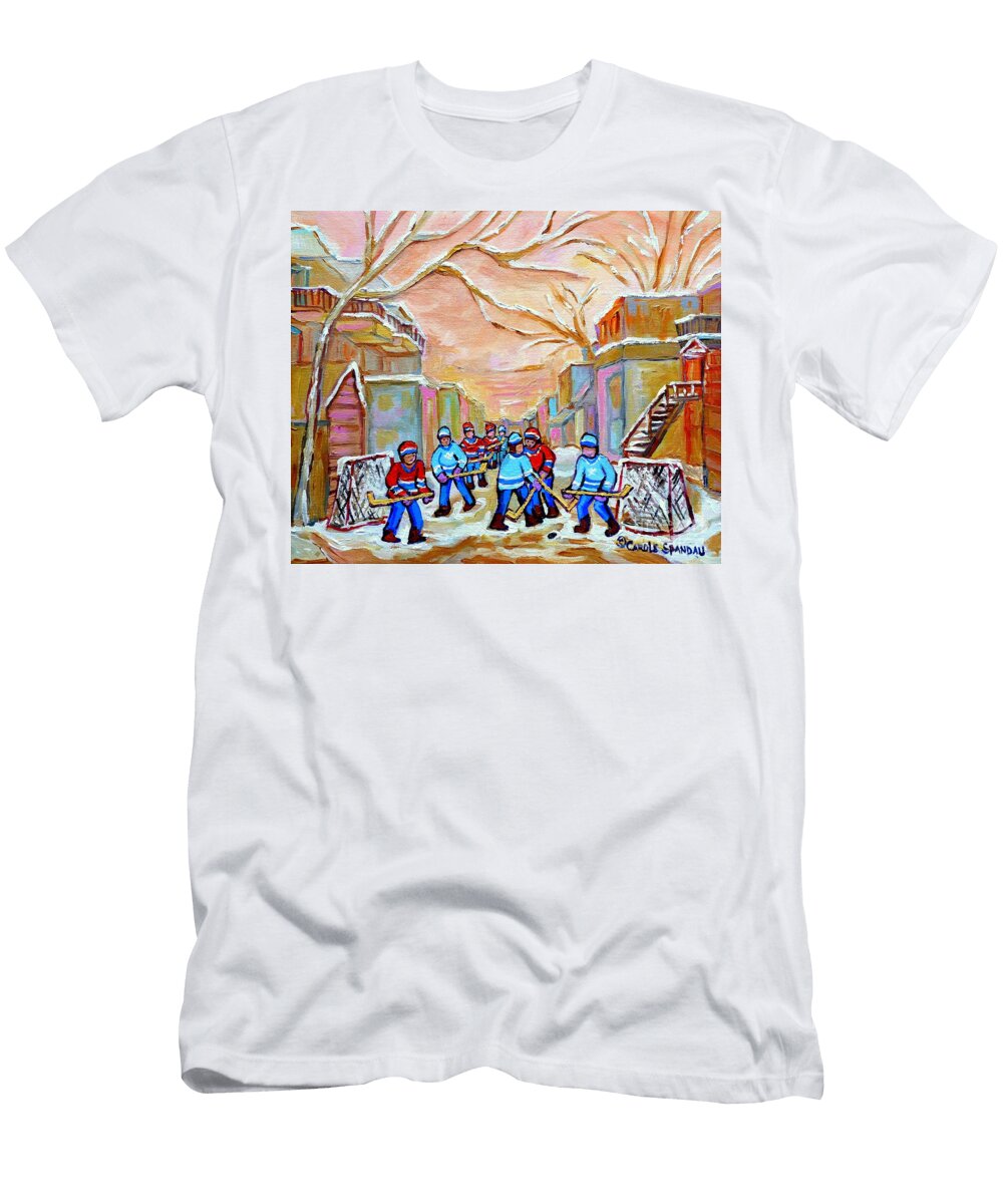 Verdun Back Lane Hockey Practice Montreal Winter City Scen Painting Carole Spandau Carole Spandau T-Shirt