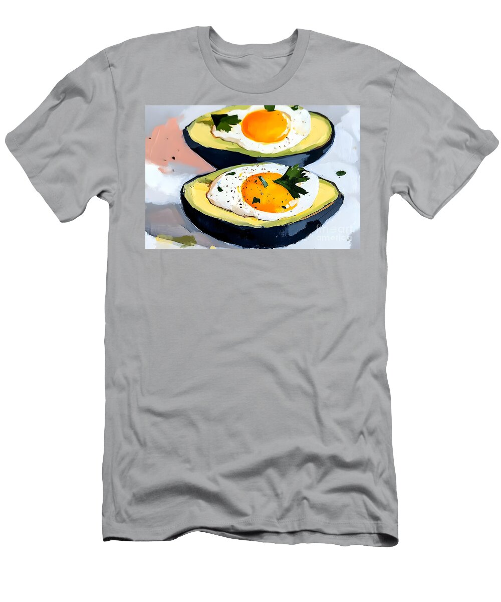 Vibrant Avocado Halves with Sunny Side Up Eggs and Fresh Herbs Delicious Breakfast Olfactoart Studio T-Shirt