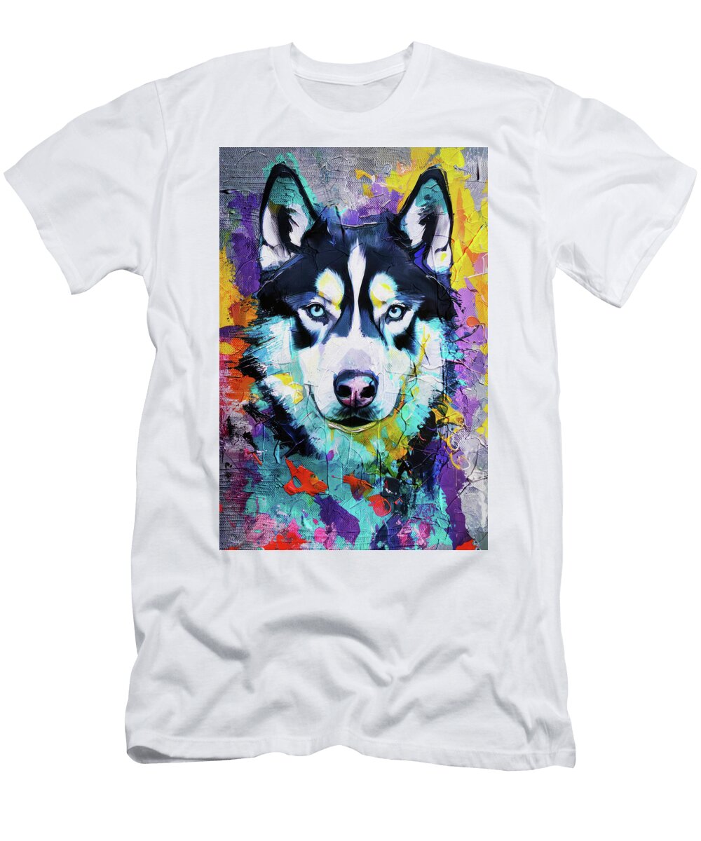 Vibrant Husky Dog Oil Painting Abstract Modern Digital Art Marian Voicu T-Shirt