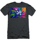 Vibrant Lemon Blossom with Lush Green Leaves Against a Dynamic Blue Purple and Orange Background Olfactoart Studio T-Shirt