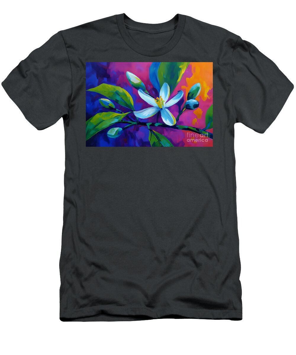Vibrant Lemon Blossom with Lush Green Leaves Against a Dynamic Blue Purple and Orange Background Olfactoart Studio T-Shirt