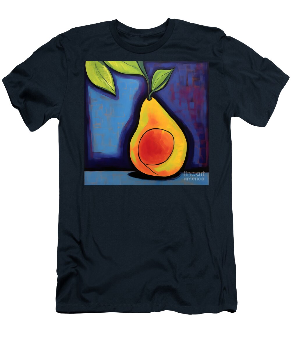 Vibrant Pear in Bold Warm Yellows Oranges and Greens Against a Rich Blue Background Olfactoart Studio T-Shirt