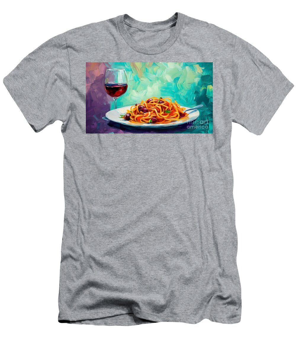 Vibrant Spaghetti Delight Fresh Tomatoes Basil and Red Wine Elegance Olfactoart Studio T-Shirt