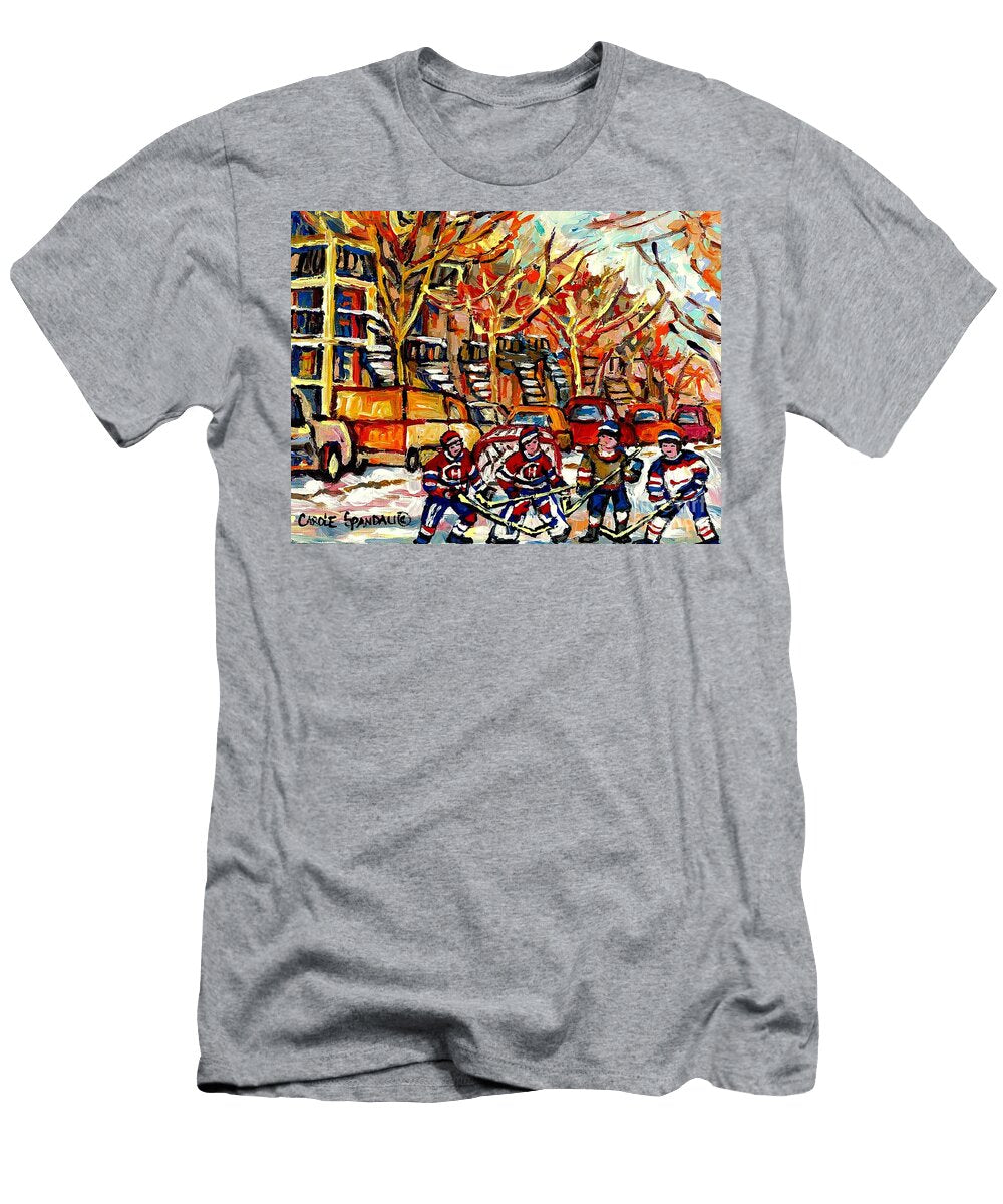 Villeneuve Steps Street Hockey Montreal Memories Row Houses Winter City Scene Canadian Hockey Art Carole Spandau T-Shirt