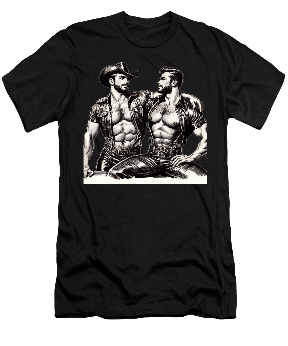 Vintage Gay Texas Leather Cowboys Gay Pride Sketch Graphic Design Iconic Lgbtq the Art of Gay Style T-Shirt