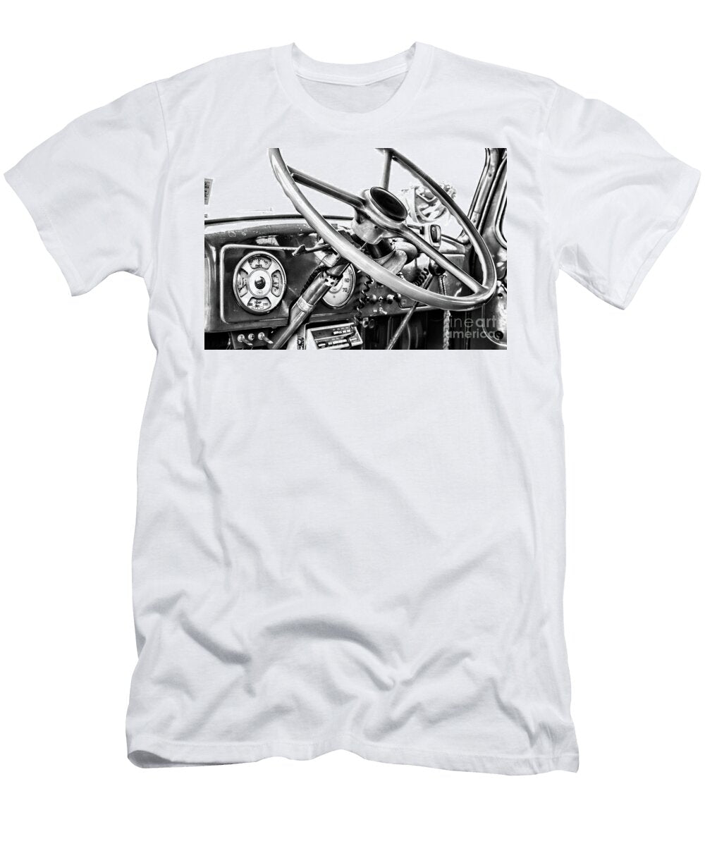 Vintage Mack Fire Engine Steering Wheel Black and White Paul Ward T-Shirt
