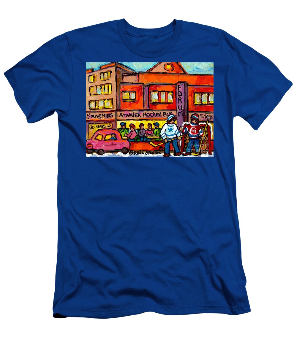 Vintage Montreal Forum Winter Scene with Outdoor Street Hockey Game Canadian Painting for Sale Carole Spandau T-Shirt