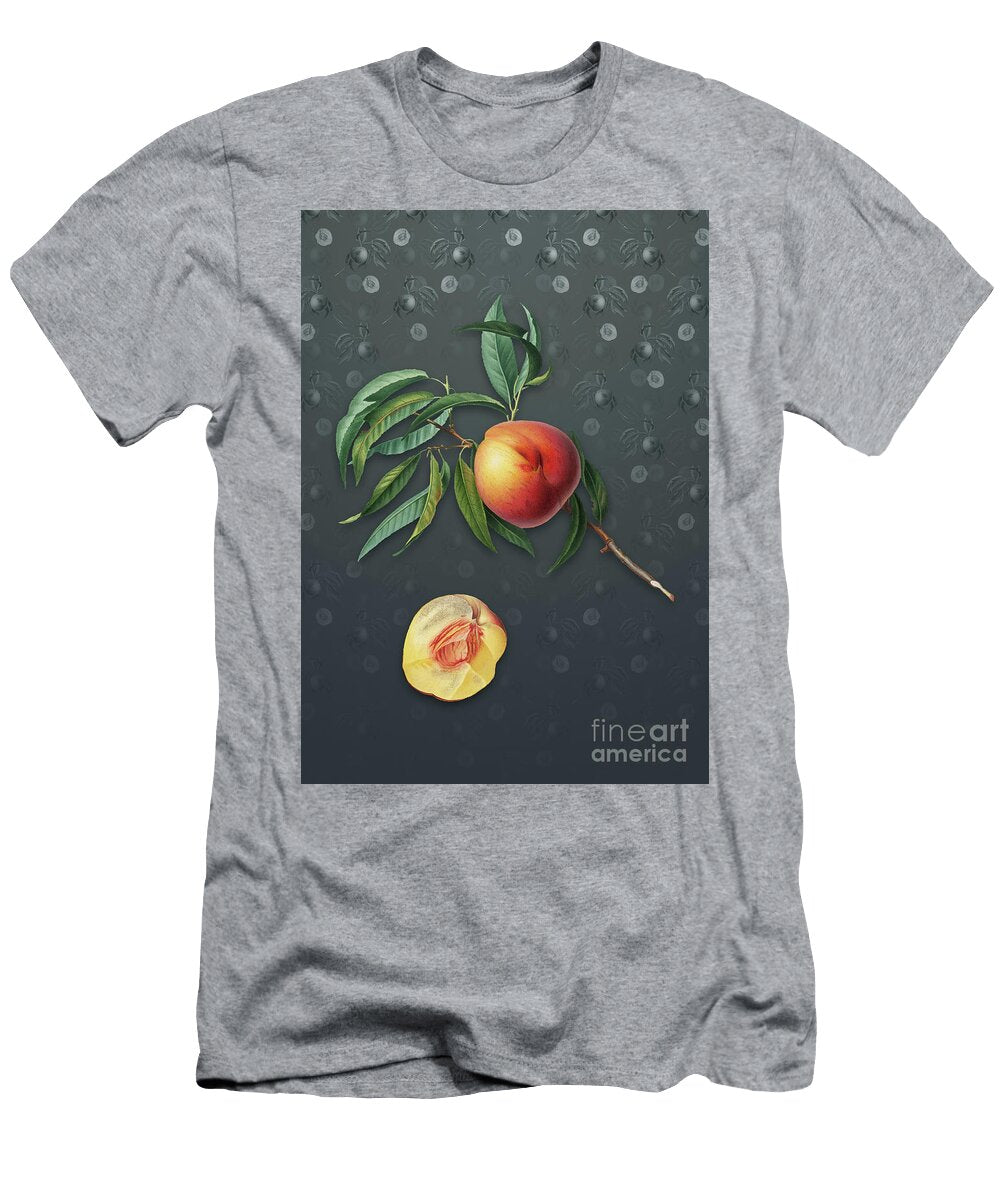 Vintage Peach Botanical Art on Slate Gray Pattern N3036 Holy Rock Design T-Shirt