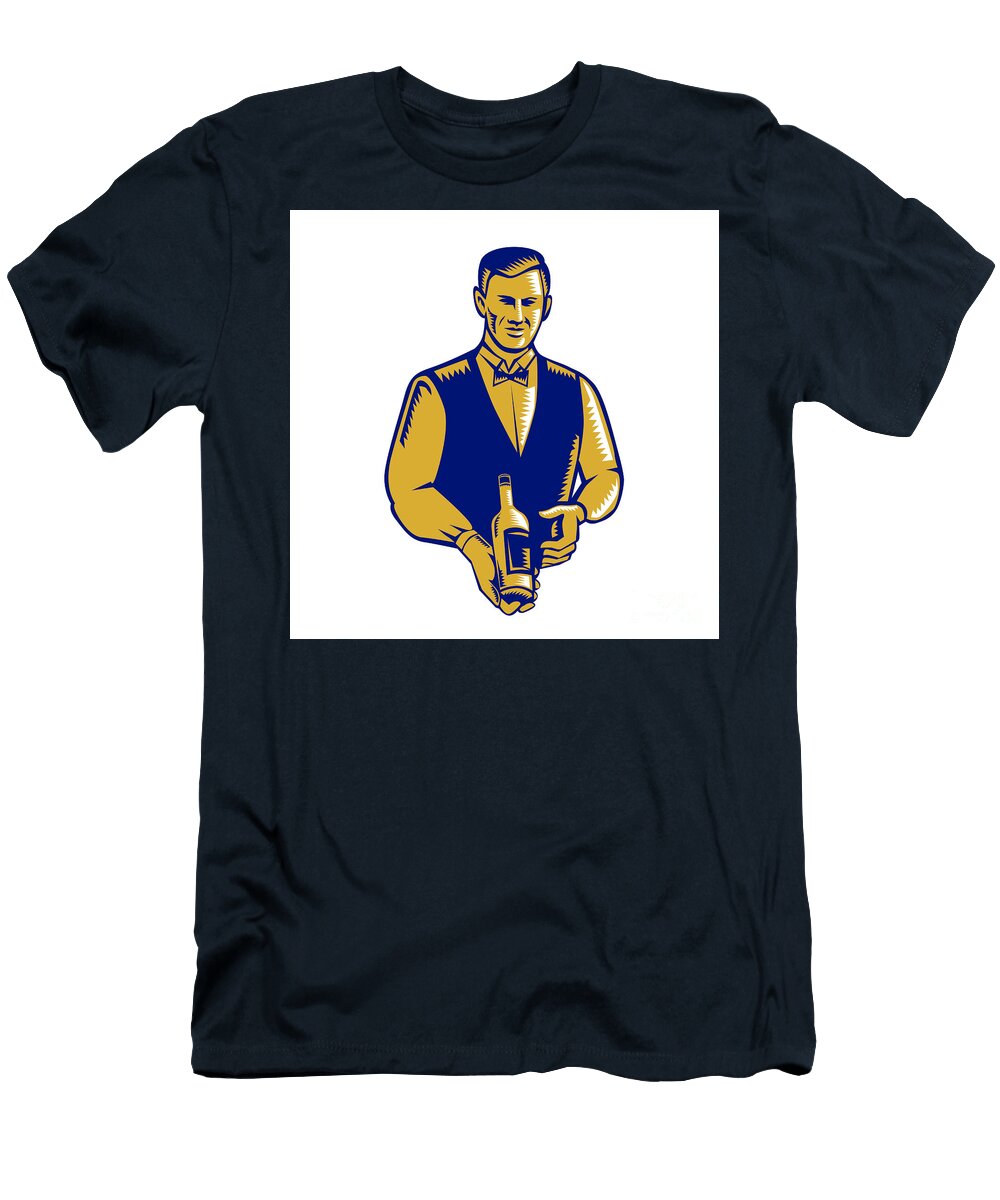 Waiter Presenting Wine Bottle Woodcut Aloysius Patrimonio T-Shirt