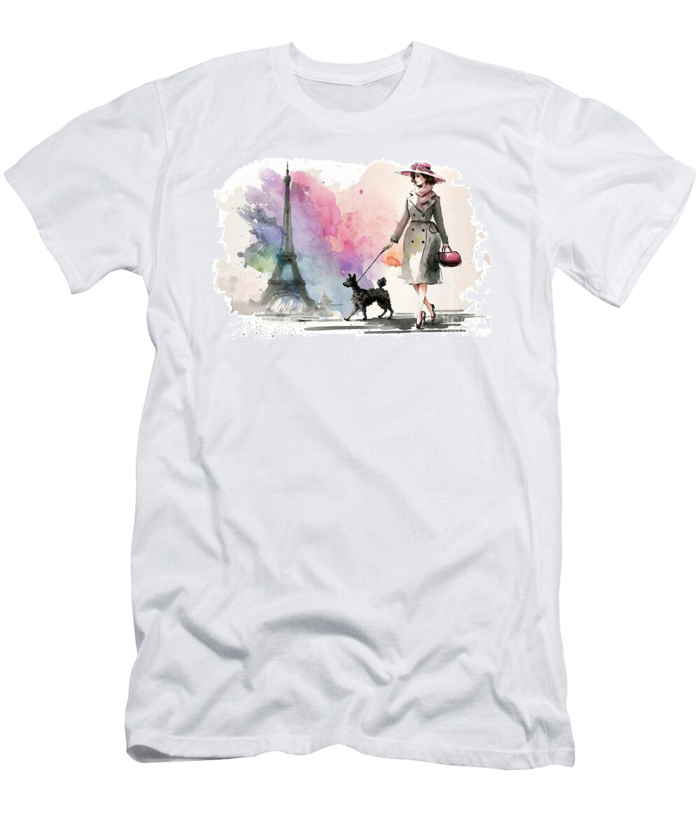 Walking the Dog in Paris Eiffel Tower Watercolor Delphimages Photo Creations T-Shirt
