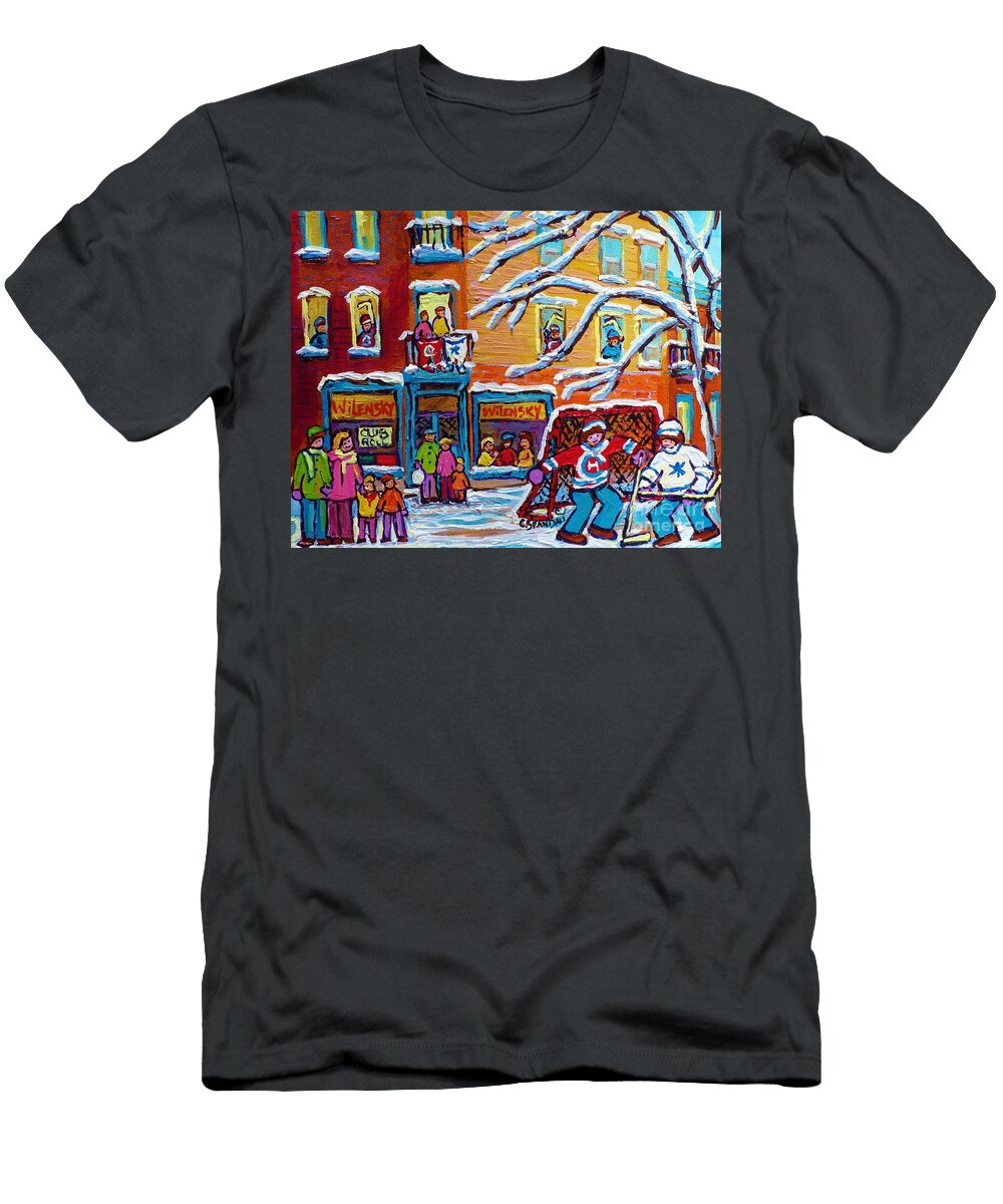 Wilensky Deli Paintings Plateau Mont Royal Kids Winter Hockey Scene Canadian Art Carole Spandau Carole Spandau T-Shirt