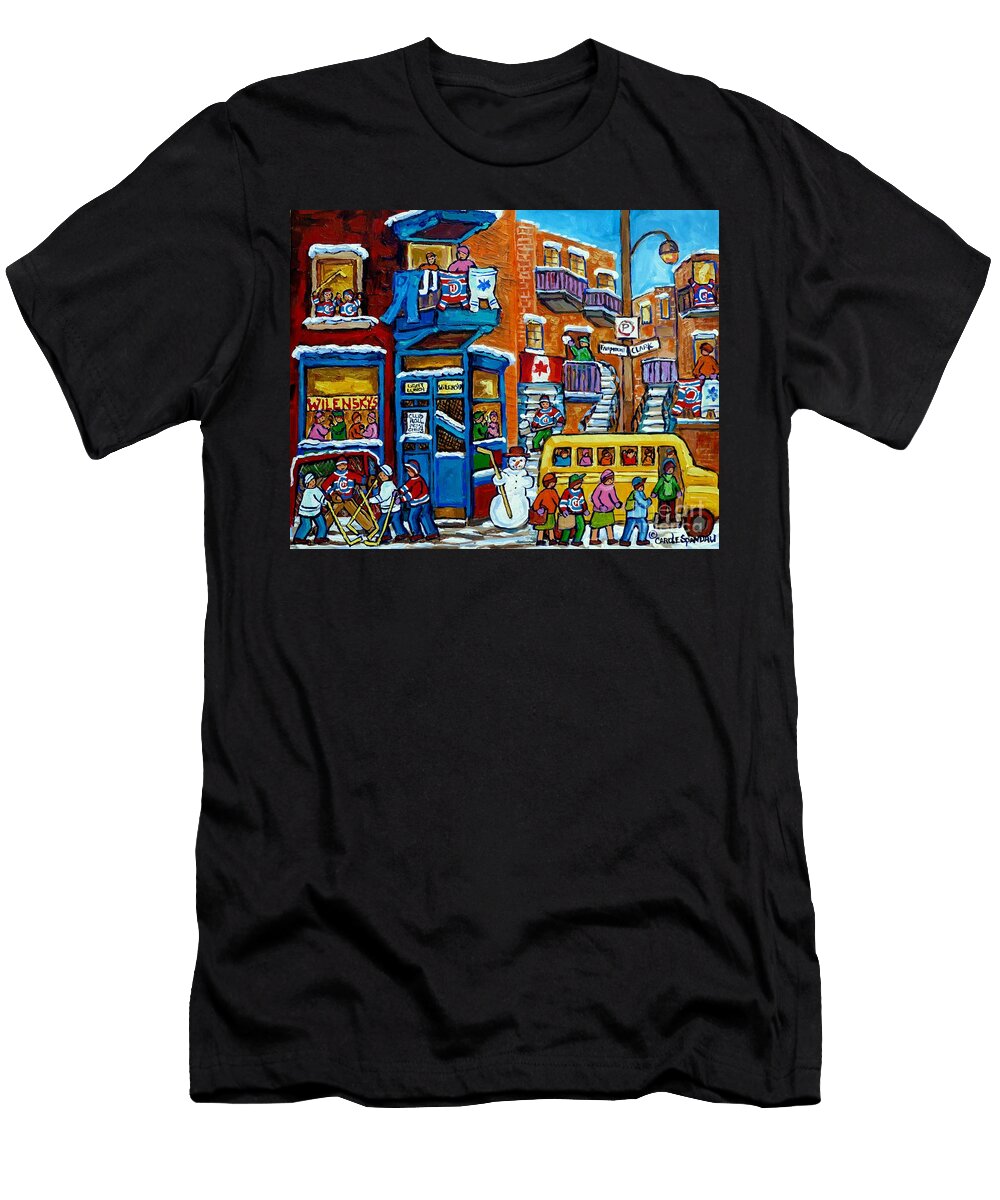 Wilenskys Montreal Memories Yellow Schoolbus Snowman Staircase Hockey Art Carole Spandau Carole Spandau T-Shirt