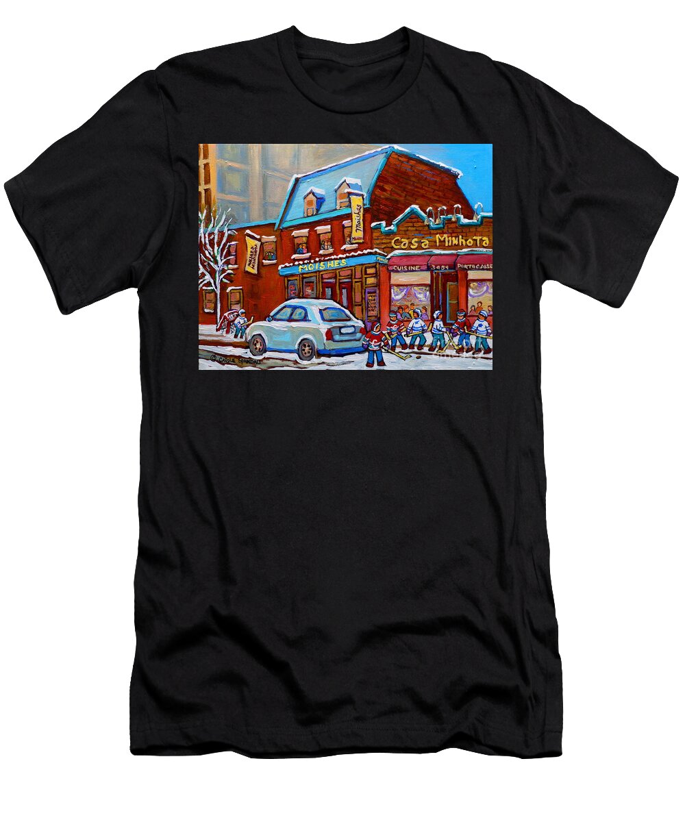 Winter Day on Stlaurent Montreal Moishes Steakhouse and Casa Minhota Hockey Game Carole Spandau T-Shirt