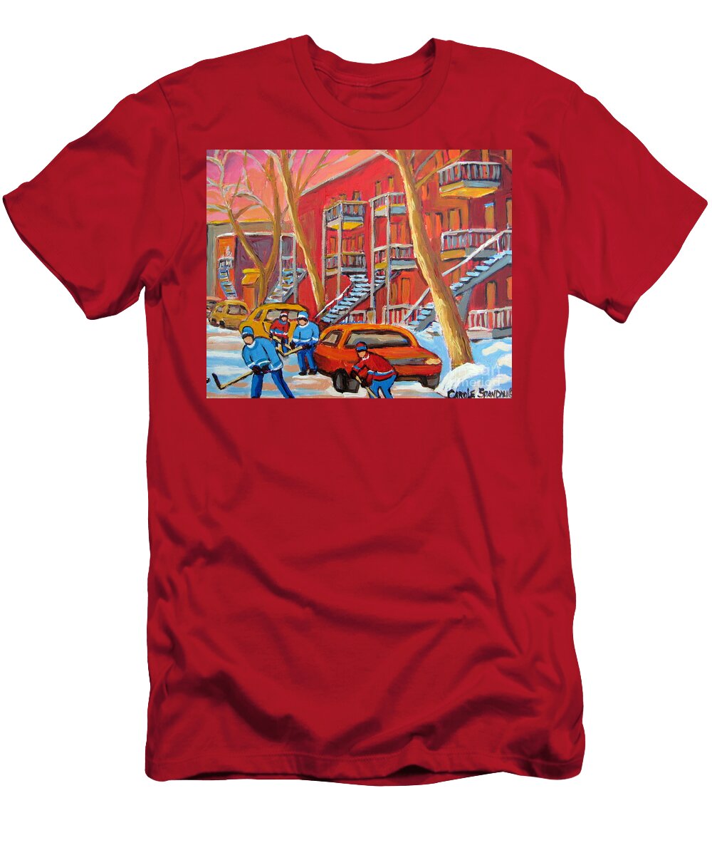 Winter Fun in the City Montreal Street Hockey Game Near Winding Staircases Carole Spandau Artist Carole Spandau T-Shirt
