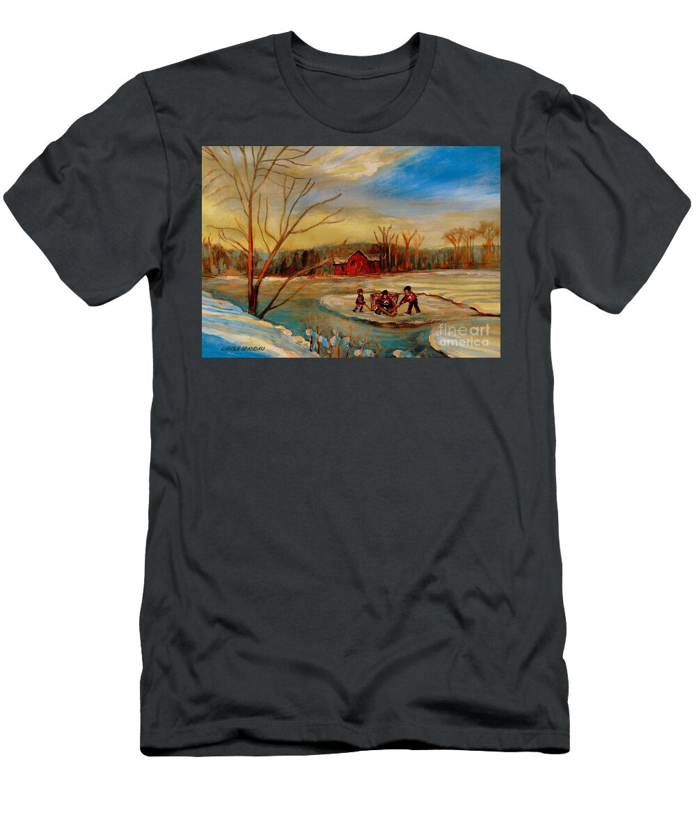 Winter Fun on the Frozen Pond Hockey Game in Laurentian Rural Landscape Carole Spandau Artist Carole Spandau T-Shirt