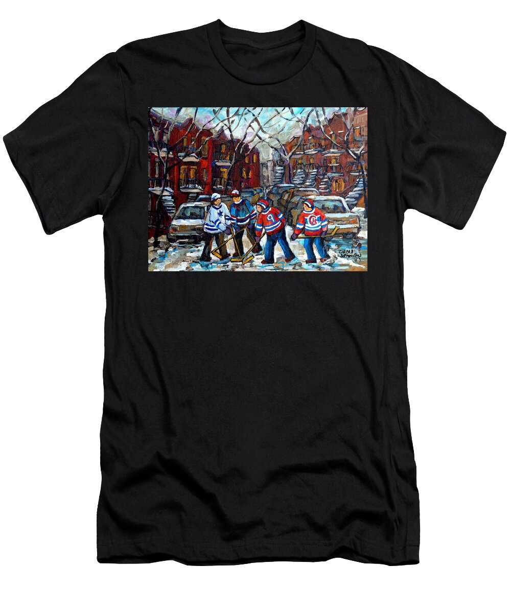 Winter in the City Street Hockey Montreal Snowy Scene Urban Quebec Painting Carole Spandau Artist Carole Spandau T-Shirt