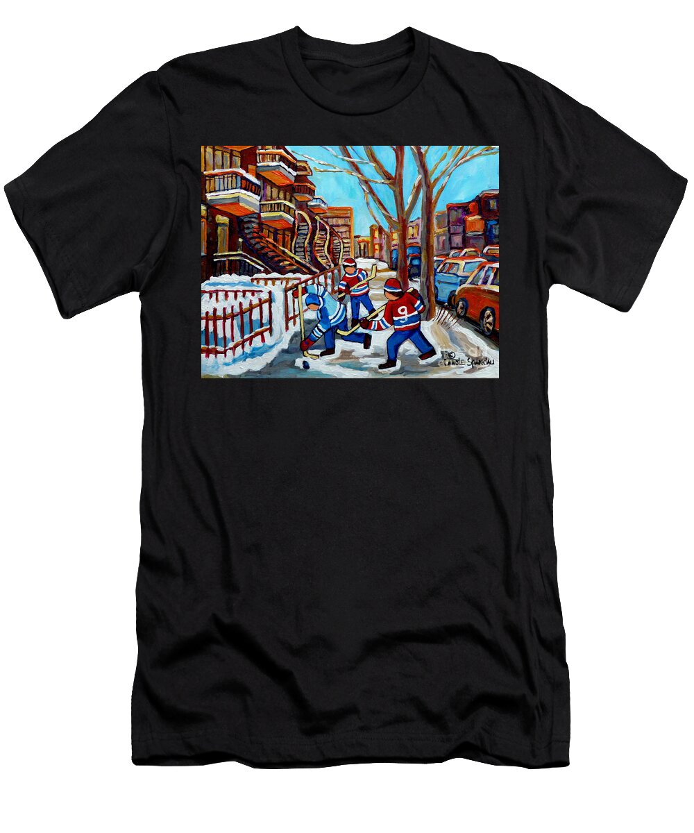Winter in the City Street Hockey Winding Satircases Kids Shinny Hockey Game C Spandau Quebec Art Carole Spandau T-Shirt