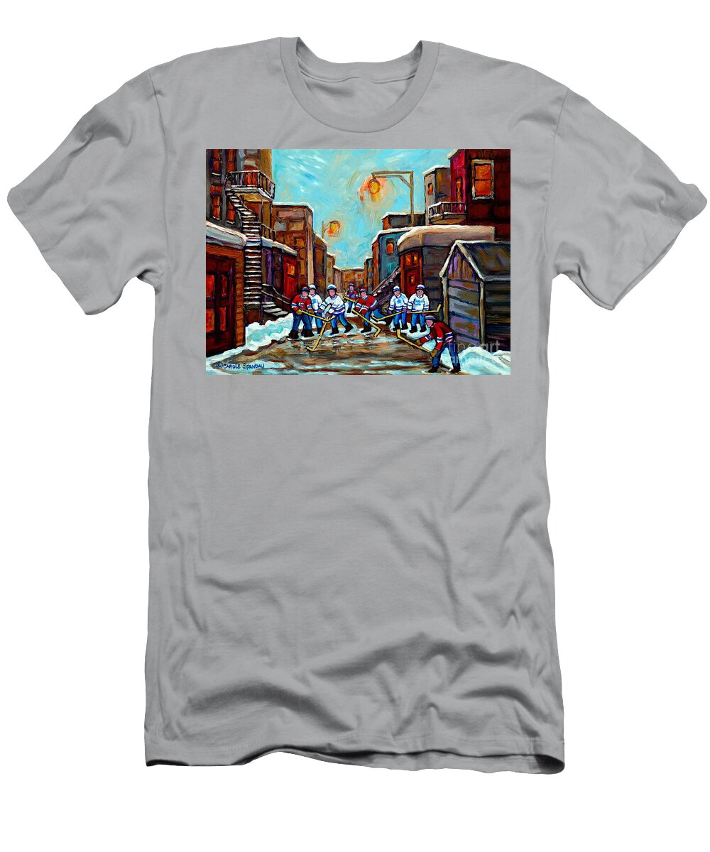 Winter Lane Hockey Art Paintings for Sale Caadian Winter Scene Paintings for Sale C Spandau Artist Carole Spandau T-Shirt