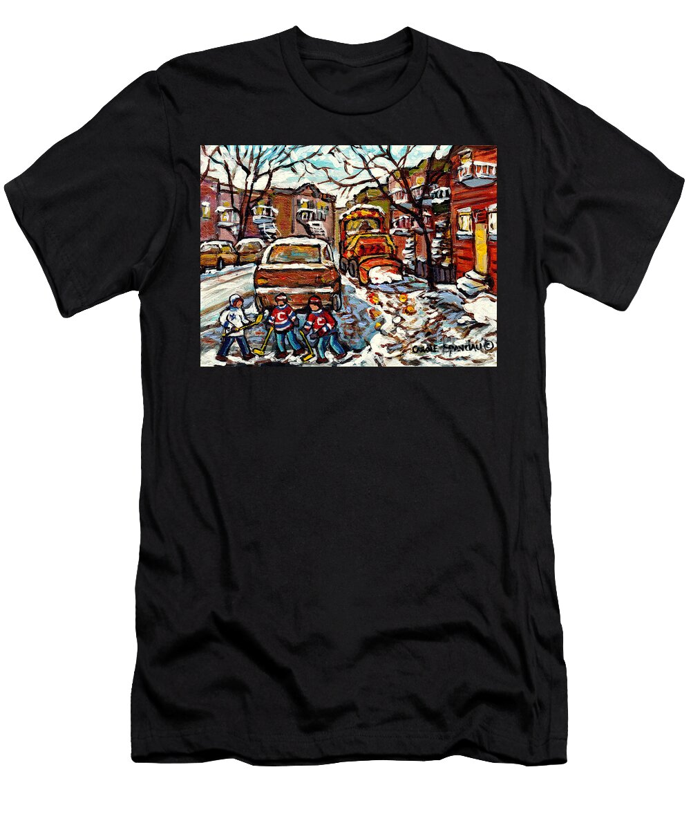 Winterscene Paintings for Sale Sidewalk Snowplow Parking Space Street Hockey Carole Spandau Carole Spandau T-Shirt