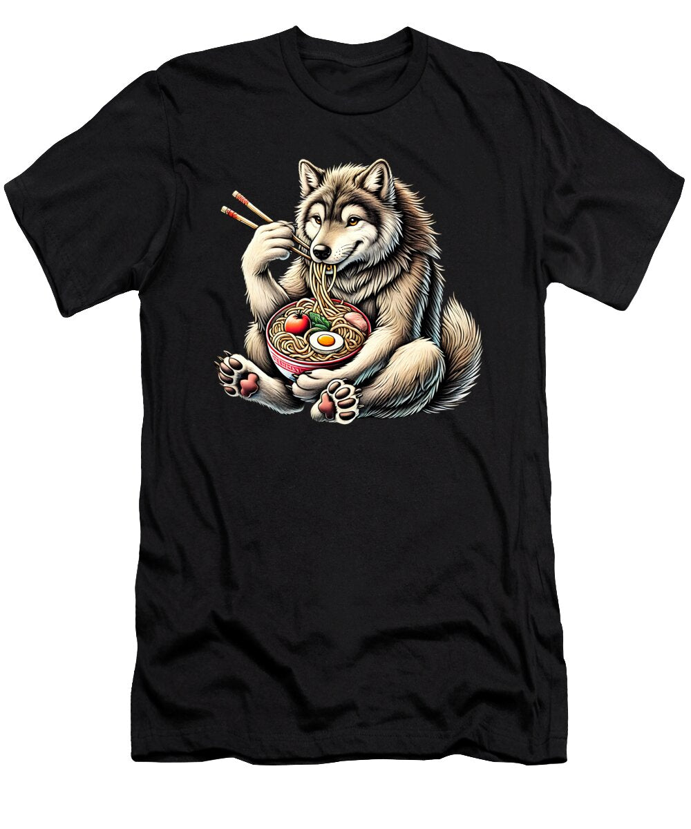 Wolf Eating Ramen Noodle Anime Japanese Food Lover Job T-Shirt