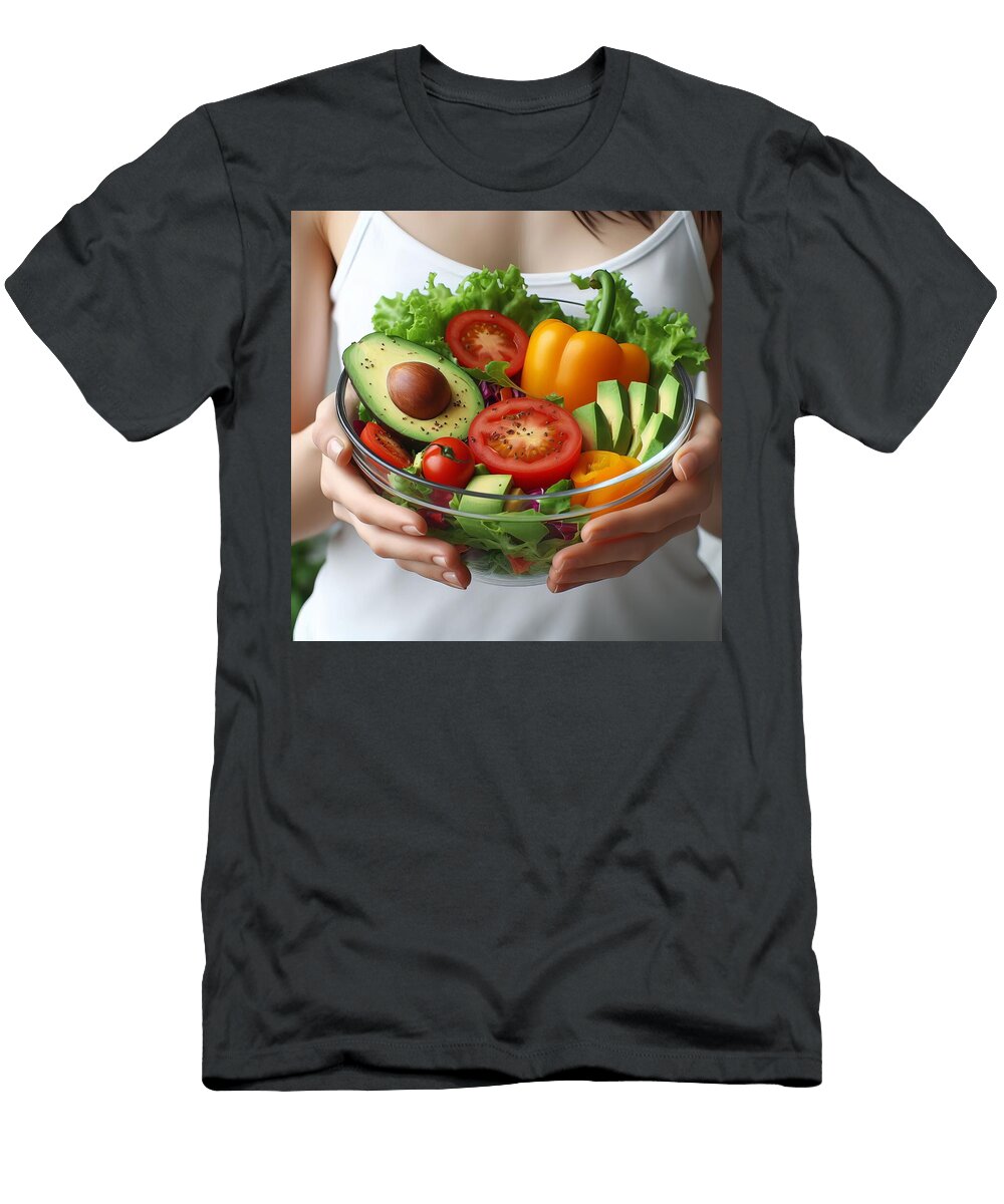 Woman Holding Fresh Vegetable Salad Bowl with Avocado Tomato and Bell Pepper for Healthy Lifestyle Talha Khan T-Shirt