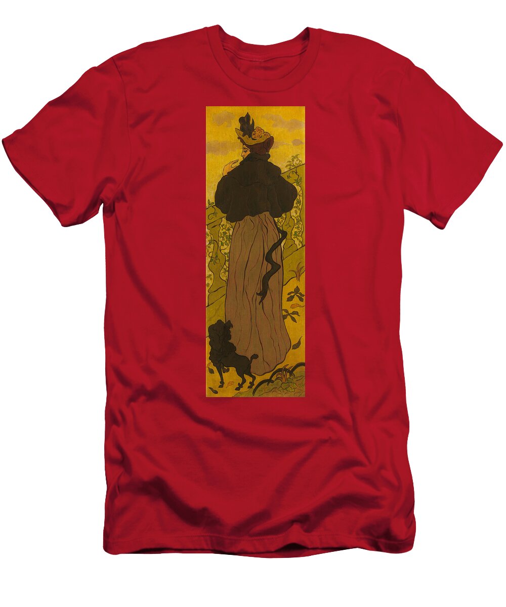 Woman Standing Beside Railing with Poodle Paul Ranson T-Shirt