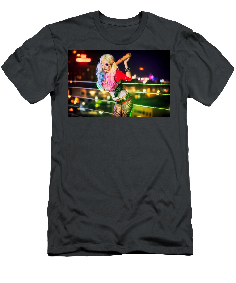 Woman with Bat Posing At Night Vibrant Makeup and Outfit Matcha Coffe T-Shirt