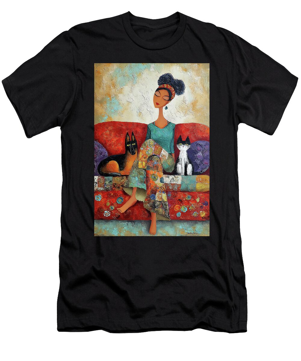 Woman with Dog and Cat on Couch Sampadart Gallery T-Shirt