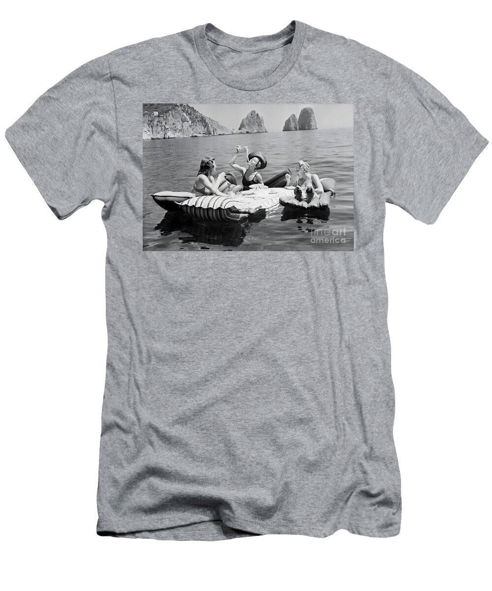 Women Eating Pasta on Lake Black and White Art Vintage Wall Art Funny Art Pasta Picnic on Lake Robert D Price T-Shirt