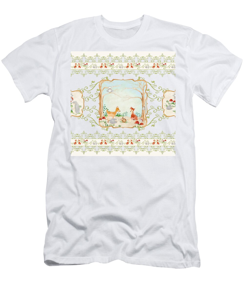 Woodland Fairy Tale Aqua Blue Forest Gathering of Woodland Animals Audrey Jeanne Roberts T-Shirt