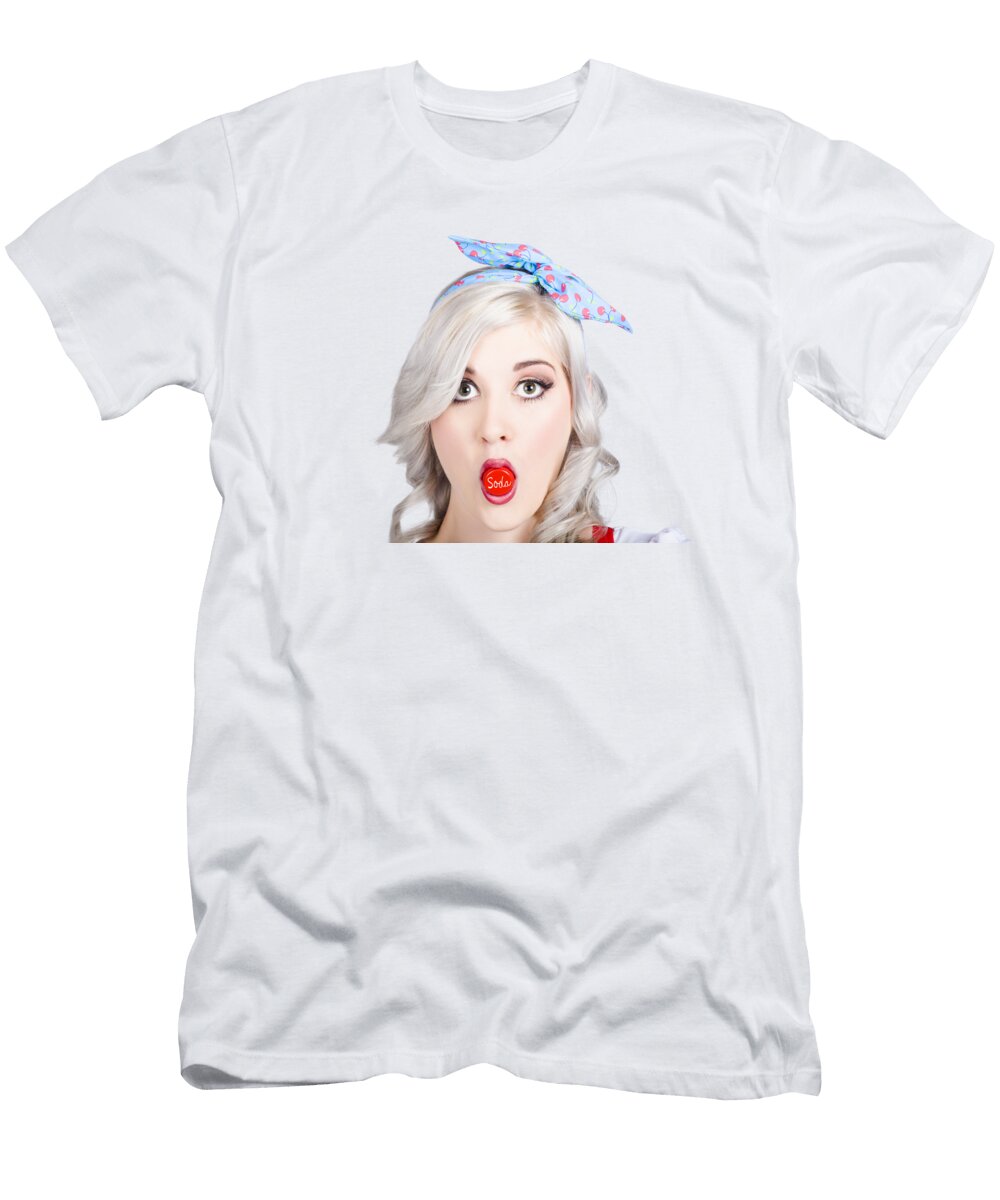 Young Beautiful Woman Holding a Bottle Cap in a Mouth Jorgo Photography Wall Art Gallery T-Shirt