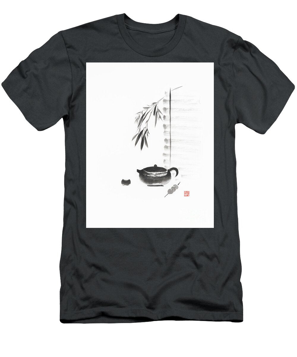 Zen Style Sumi E Ink Painting of a Teapot with a Cup and Mochi B Awen Fine Art Prints T-Shirt